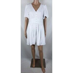 LOFT Cottage Dress Womens 6 Mini Linen Puff Sleeve Country Western White